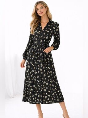 FRNCH Paris Floral Midi Dress Black Long Sleeve Button Down Belted Cottagecore S